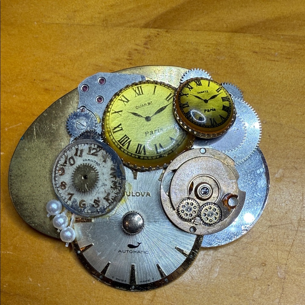 Vintage Hamilton Steampunk Brooch w/multiple watch faces, gears, and faux pearl